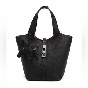 Black Vegan Leather Top Handle Bucket Bag | Chic Luxe Look Tote